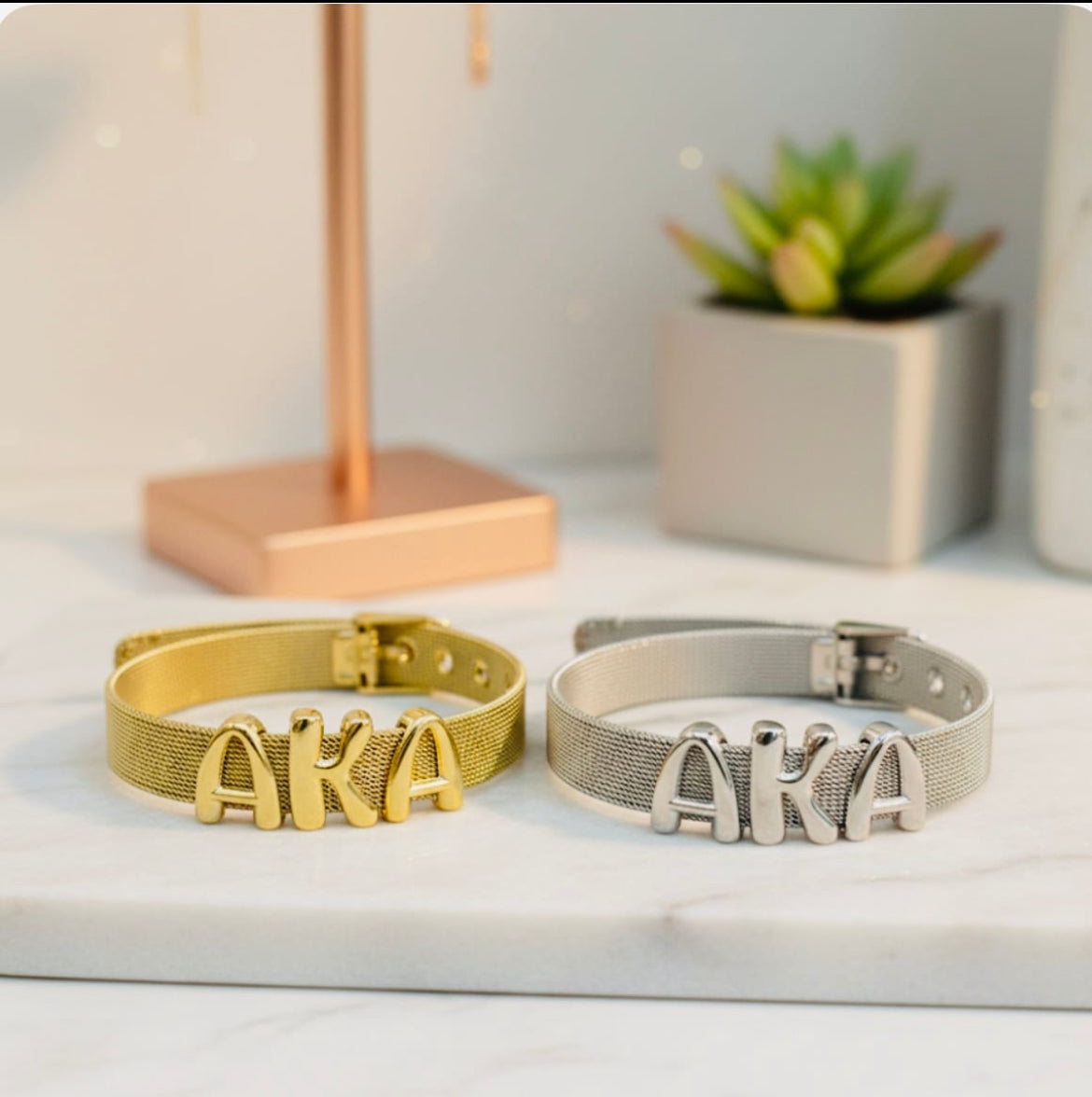 Alpha Kappa Alpha Sorority, Inc. Mesh Band Bracelet Gold and Silver